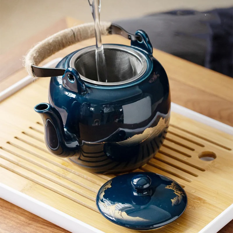 Japanse Gongfu Theeset Met Dienblad Porselein Blauw Berglandschap 8 Delig | Sansoti