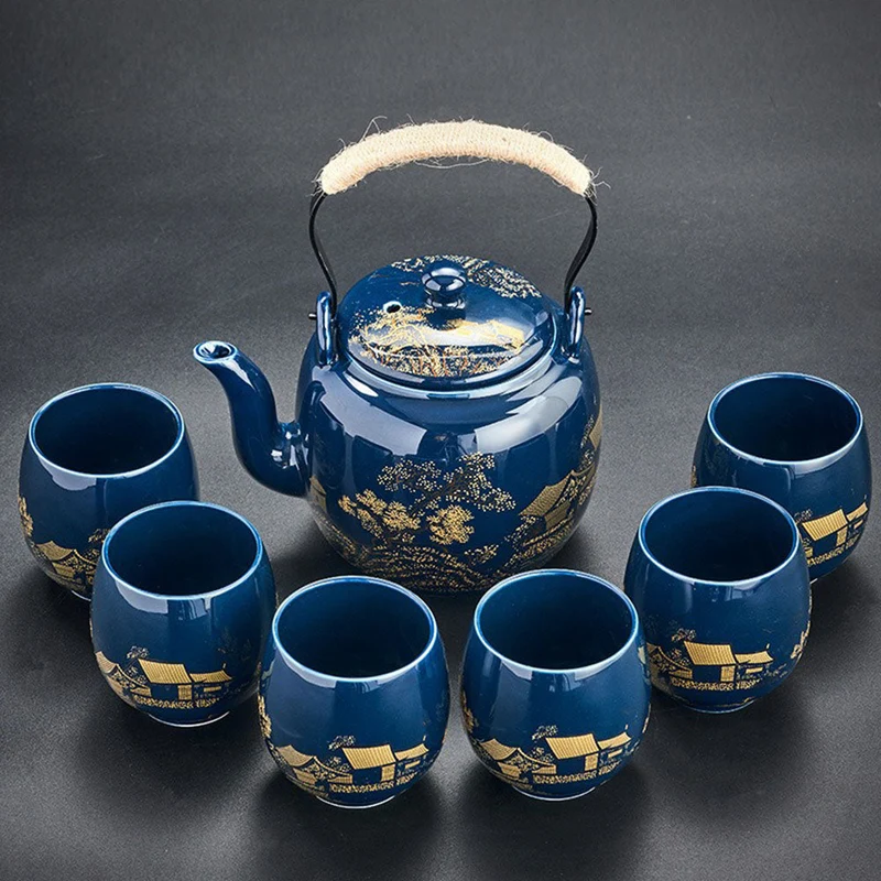 Japanse Gongfu Theeset Met Dienblad Porselein Blauw Berglandschap 8 Delig | Sansoti