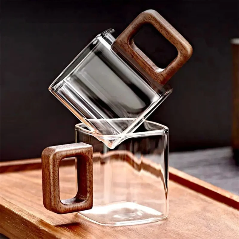 Glazen Mok Vierkant Borosilicaatglas Walnoot Houten Handvat 90ml Espresso Thee | Sansoti