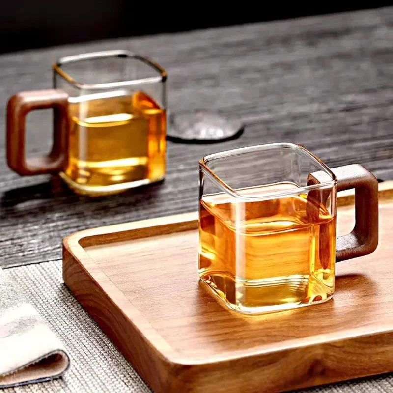 Glazen Mok Vierkant Borosilicaatglas Walnoot Houten Handvat 90ml Espresso Thee | Sansoti