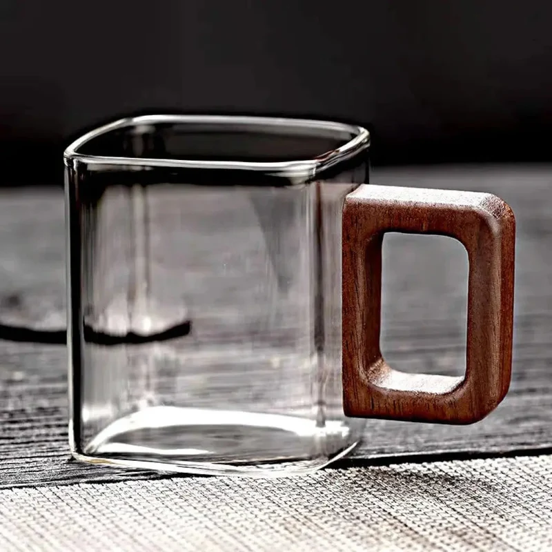 Glazen Mok Vierkant Borosilicaatglas Walnoot Houten Handvat 90ml Espresso Thee | Sansoti
