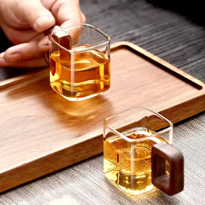 Glazen Mok Vierkant Borosilicaatglas Walnoot Houten Handvat 90ml Espresso Thee | Sansoti