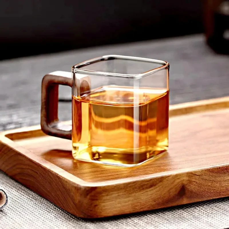Glazen Mok Vierkant Borosilicaatglas Walnoot Houten Handvat 90ml Espresso Thee | Sansoti