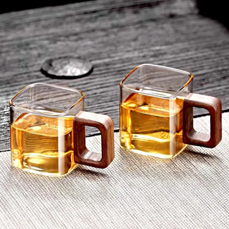 Glazen Mok Vierkant Borosilicaatglas Walnoot Houten Handvat 90ml Espresso Thee | Sansoti