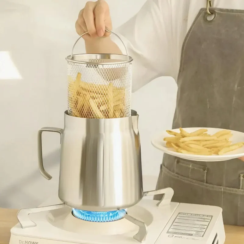 Friteerpan RVS Ingebouwd Filter Olie Hergebruik 2-in-1 Zeef Frituren Keuken | Sansoti