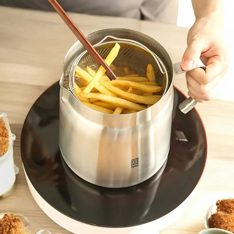 Friteerpan RVS Ingebouwd Filter Olie Hergebruik 2-in-1 Zeef Frituren Keuken | Sansoti