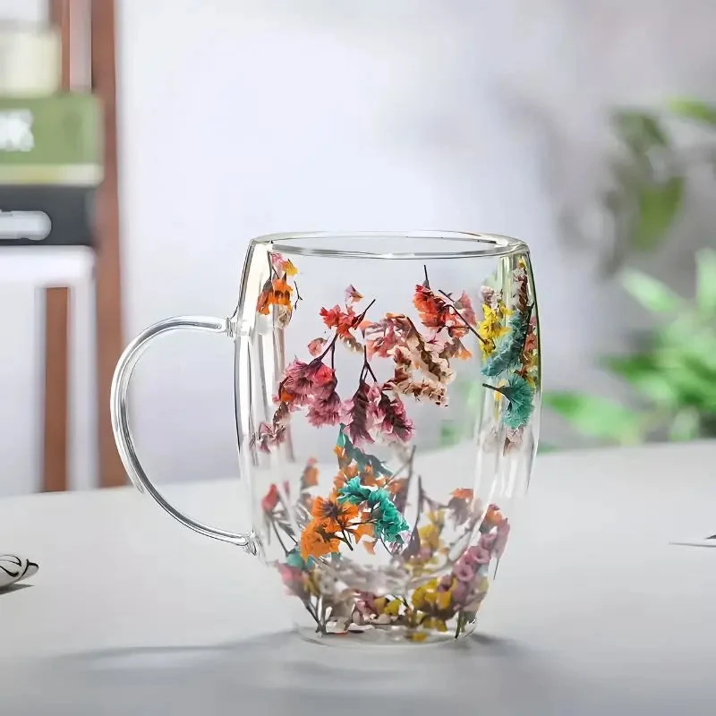Glazen Dubbelwandige Bloemen Mok 350ml Koffie Thee Cadeau Elegant Transparant | Sansoti