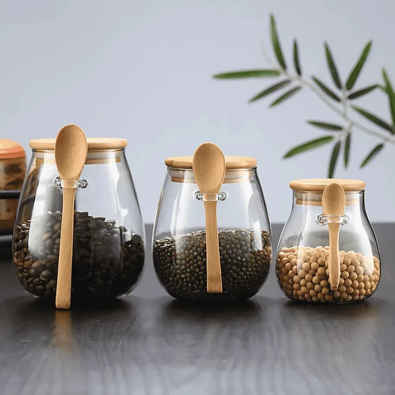 Glazen Voorraadpot Bamboe Deksel Luchtdicht Koffie Thee Granen Keuken Set | Sansoti