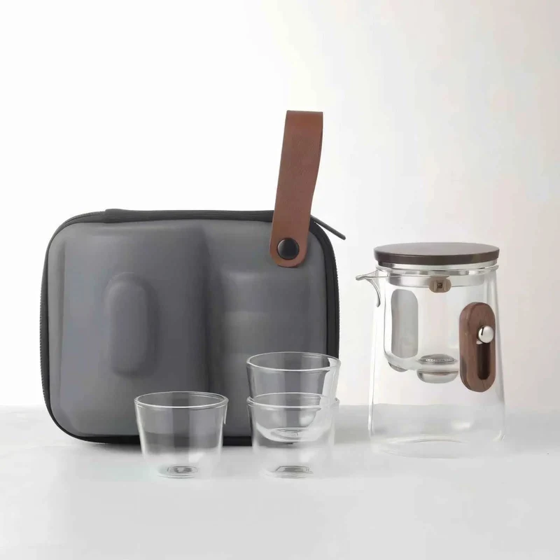 Glazen Reistheepot 330ml Borosilicaat met Cups en Reiskoffer Camping Outdoor | Sansoti