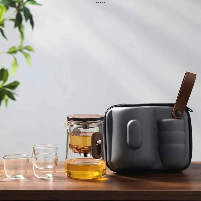 Glazen Reistheepot 330ml Borosilicaat met Cups en Reiskoffer Camping Outdoor | Sansoti