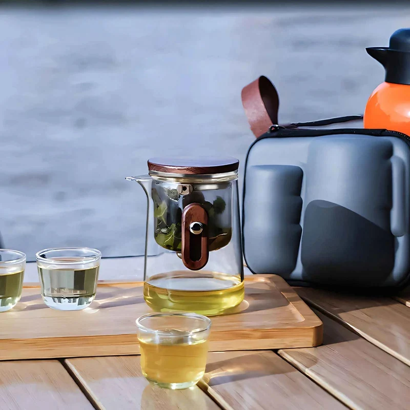 Glazen Reistheepot 330ml Borosilicaat met Cups en Reiskoffer Camping Outdoor | Sansoti