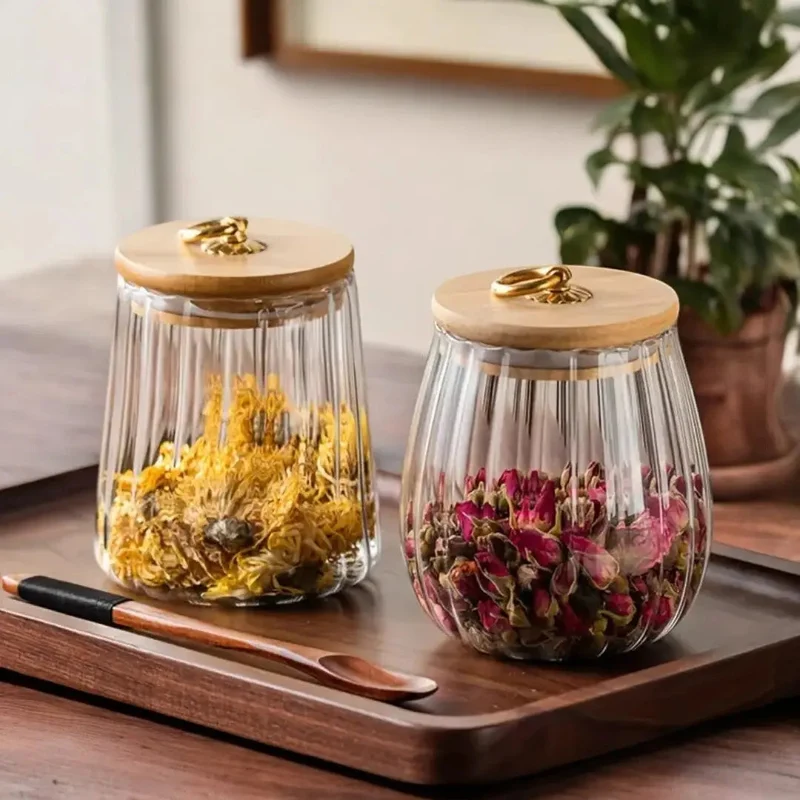 Glazen Voorraadpot Houten Deksel Goud Borosilicaat Thee Keuken Scandinavisch | Sansoti