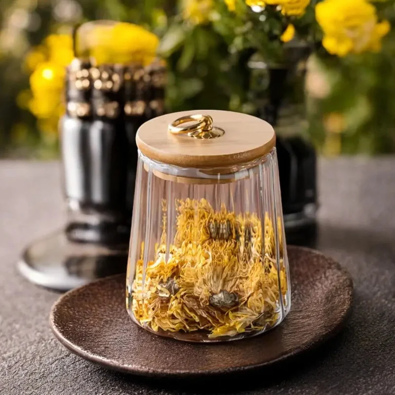 Glazen Voorraadpot Houten Deksel Goud Borosilicaat Thee Keuken Scandinavisch | Sansoti