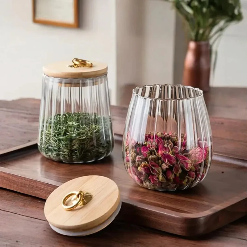 Glazen Voorraadpot Houten Deksel Goud Borosilicaat Thee Keuken Scandinavisch | Sansoti