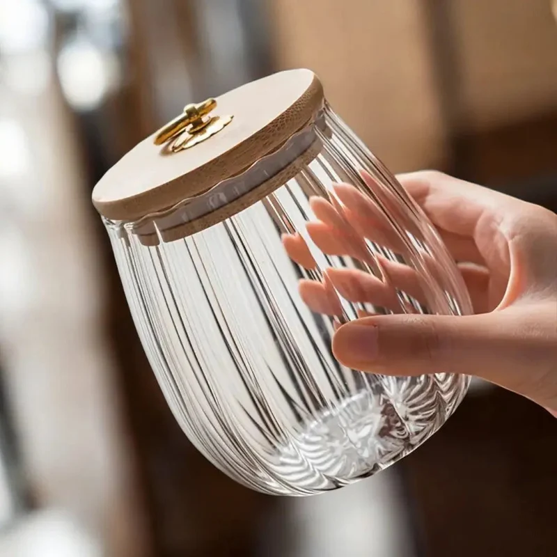 Glazen Voorraadpot Houten Deksel Goud Borosilicaat Thee Keuken Scandinavisch | Sansoti