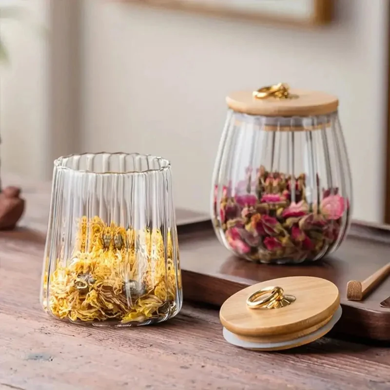 Glazen Voorraadpot Houten Deksel Goud Borosilicaat Thee Keuken Scandinavisch | Sansoti