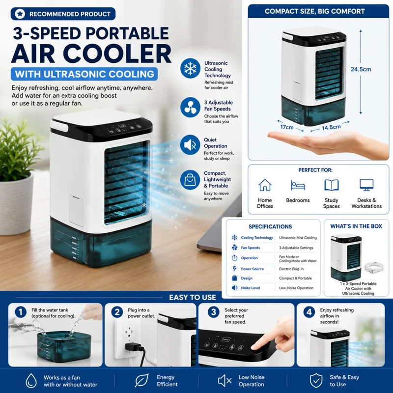 Draagbare Aircooler 3 Snelheden Compacte Tafelkoeling Ultrasoon Koelsysteem Bureau Slaapkamer Kantoor | Sansoti