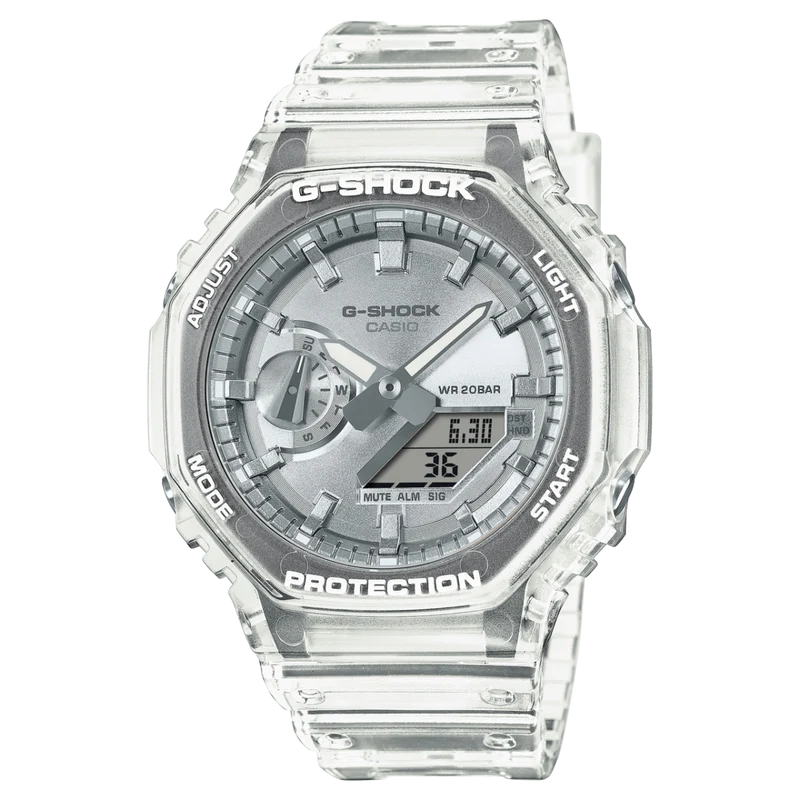 Casio GA-2100BM-7A8ER G-Shock Classic Ana-Digi Armbanduhr Transparent/Silberfarben • Transparentes Resin-Gehäuse • 20 bar Wasserdicht