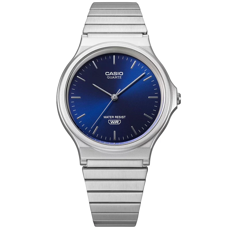 Casio MQ-24D-2AEF Unisex Armbanduhr Dunkelblau • Edelstahlarmband • Sonnenschliff-Zifferblatt