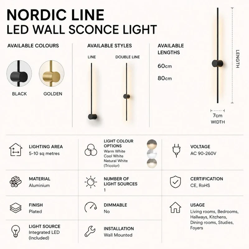 Minimalistische LED Wandlamp Aluminium 60-80cm Zwart Goud Woonkamer Slaapkamer Hal Modern Strak Design | Sansoti