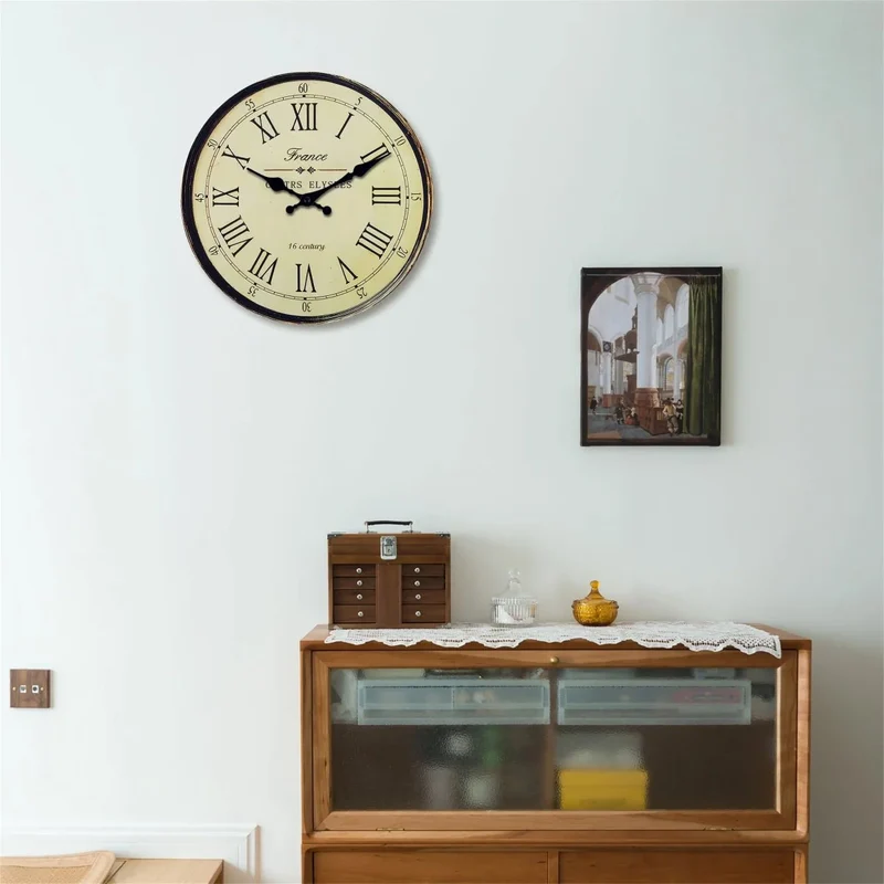 Wandklok Rond MDF Stille Naaldmechanisme Klassiek Frans Patroon Woonkamer Slaapkamer Keuken Decoratief | Sansoti