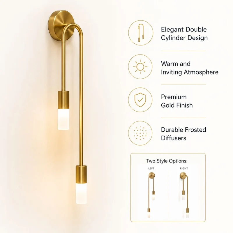 Wandlamp Goud met Dubbele Matte Glazen Cilinders 55cm Warm Wit Licht Verticaal Modern Design Woonkamer | Sansoti