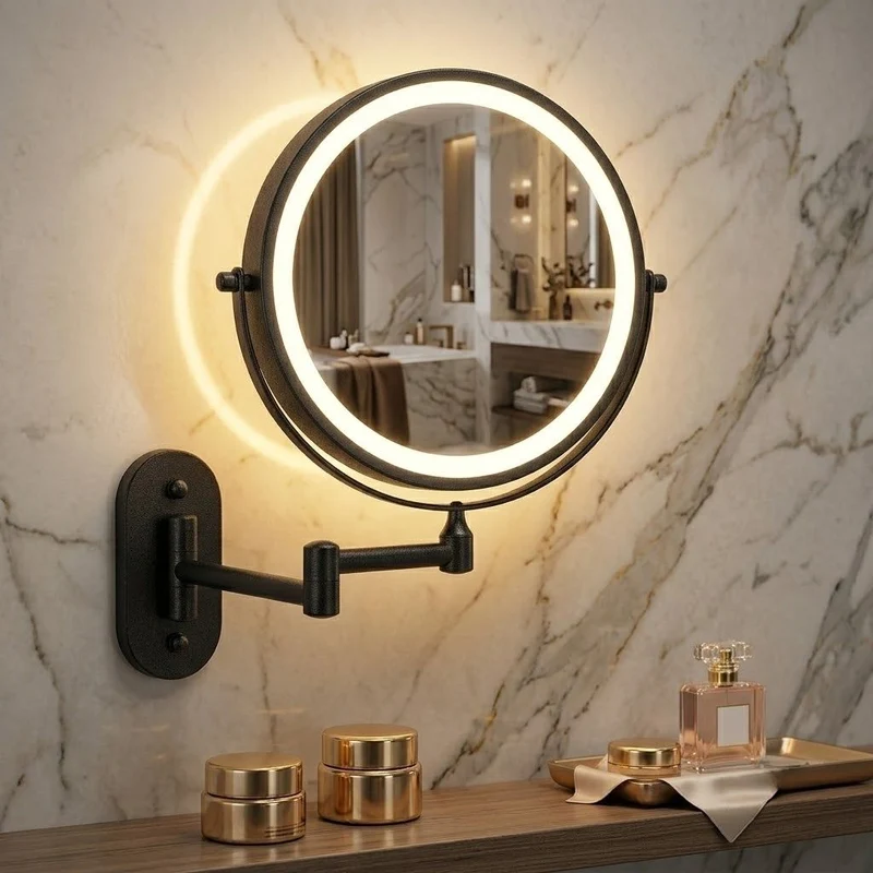 Oplaadbare LED Make-upspiegel Zwart 20cm Verstelbare Arm 360° Draaibaar Wandmontage Touch Bediening Badkamer | Sansoti