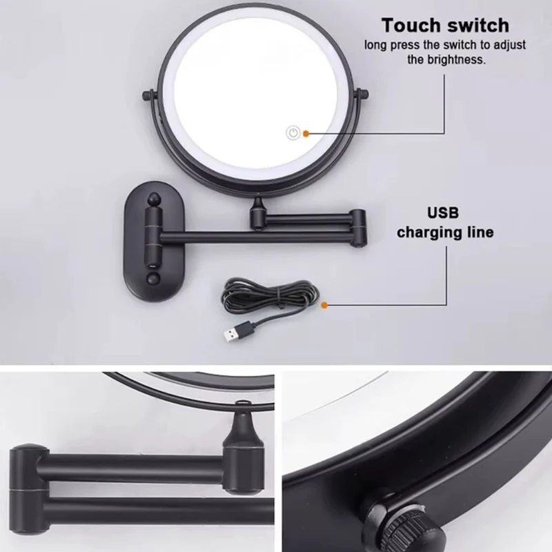 Oplaadbare LED Make-upspiegel Zwart 20cm Verstelbare Arm 360° Draaibaar Wandmontage Touch Bediening Badkamer | Sansoti