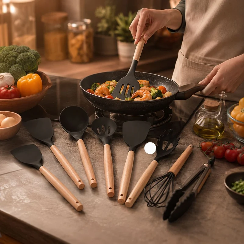 Siliconen Keukengerei Set 11-delig Houten Handvat Hittebestendig 230°C BPA-vrij Kooklepels Spatel Keuken | Sansoti