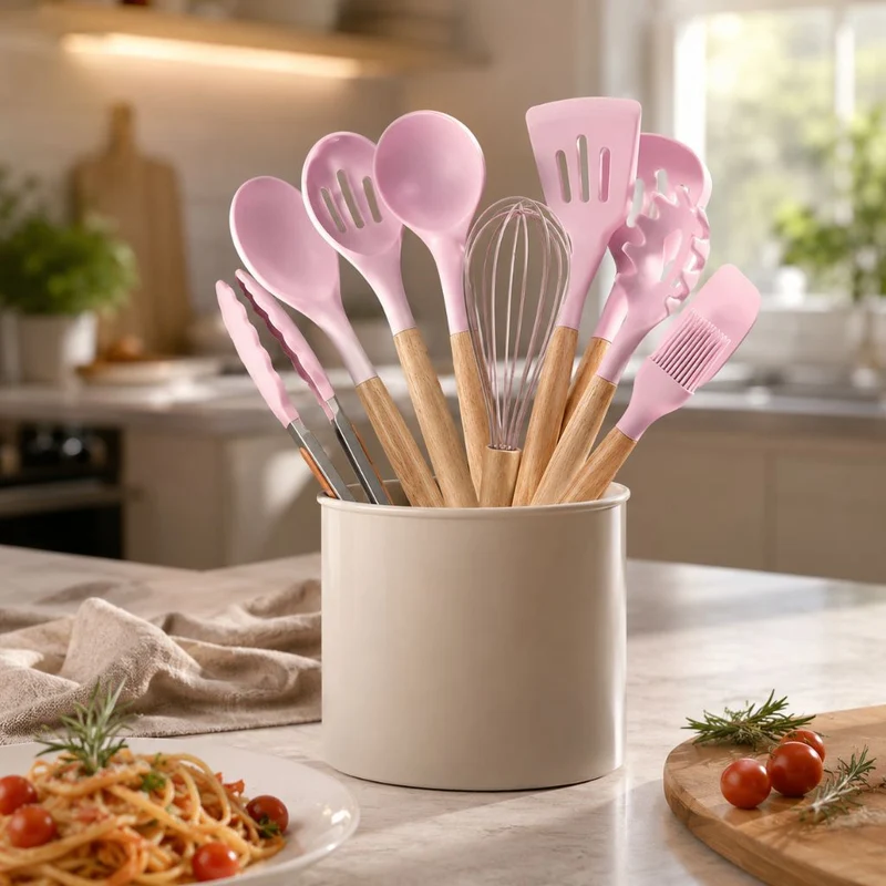 Siliconen Keukengerei Set 11-delig Houten Handvat Hittebestendig 230°C BPA-vrij Kooklepels Spatel Keuken | Sansoti