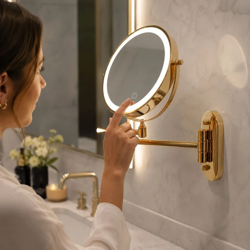 Vergrotende Wandspiegel Goud met LED Verlichting Oplaadbaar 360° Draaibaar voor Make-up Badkamer Scheerapparaat | Sansoti