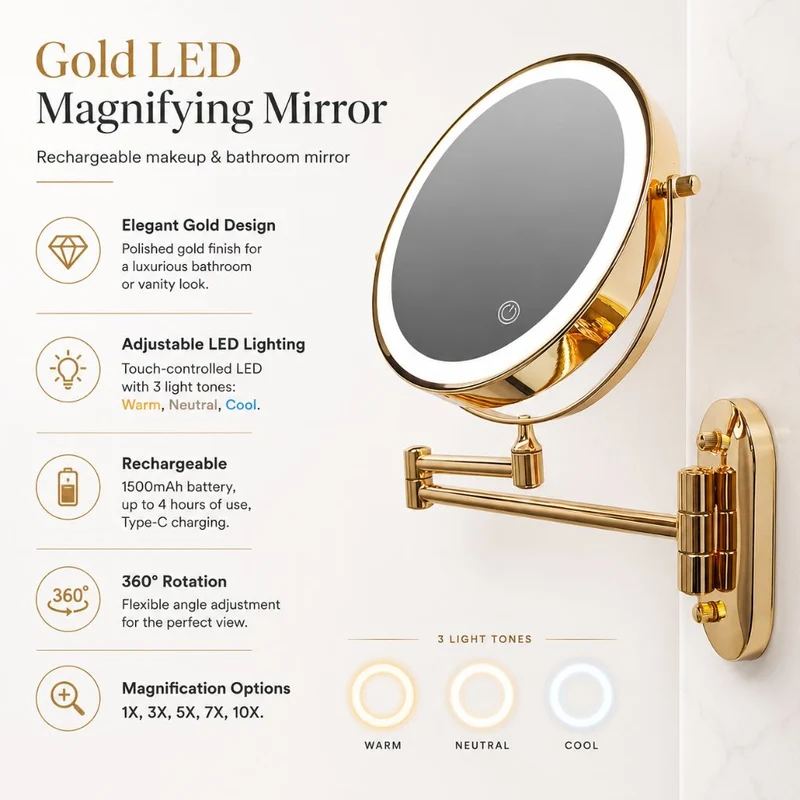 Vergrotende Wandspiegel Goud met LED Verlichting Oplaadbaar 360° Draaibaar voor Make-up Badkamer Scheerapparaat | Sansoti
