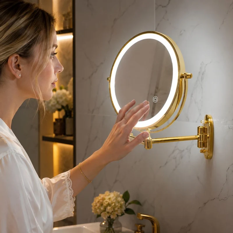 Vergrotende Wandspiegel Goud met LED Verlichting Oplaadbaar 360° Draaibaar voor Make-up Badkamer Scheerapparaat | Sansoti