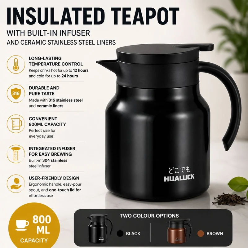 Thermoskan met Theezeef 800ml Dubbelwandig Rvs Keramiek Warmhoudkan Theekan Koffiekan Theepot Isoleerkan | Sansoti