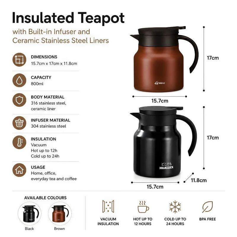 Thermoskan met Theezeef 800ml Dubbelwandig Rvs Keramiek Warmhoudkan Theekan Koffiekan Theepot Isoleerkan | Sansoti