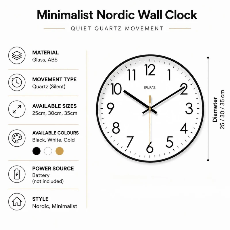 Stille Wandklok Scandinavisch Ontwerp 25-35cm Zwart Wit Goud Kwartsmechanisme Woonkamer Slaapkamer Decoratie | Sansoti