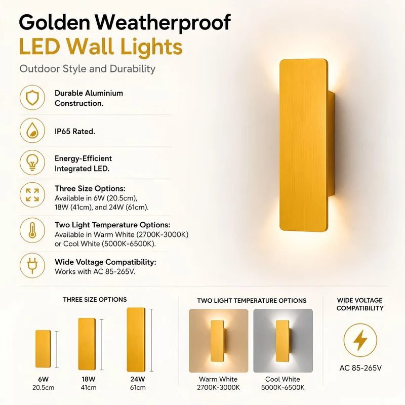 Aluminium Wandlamp Goudkleurig IP65 Waterdicht LED Buitenverlichting voor Tuin Balkon Terras 6W 18W 24W | Sansoti