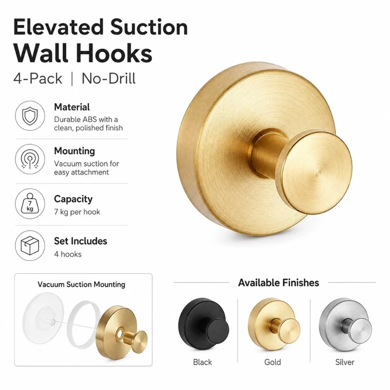 Zuignap Wandhaken Set 4 Stuks Zonder Boren Mat Zwart Goud Zilver Badkamer Keuken Handdoek Organizer Houder | Sansoti