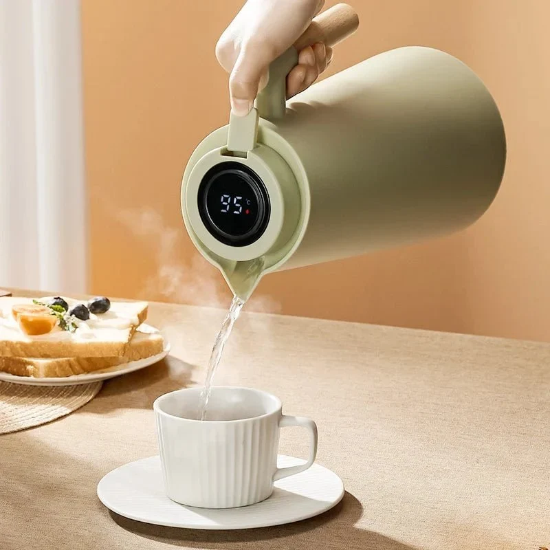 Thermoskan met Temperatuurweergave en Houten Handvat 1L Dubbelwandig Glas Koffiekan Theekan Isolerend Vacuum | Sansoti