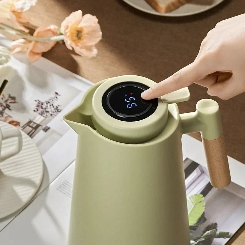 Thermoskan met Temperatuurweergave en Houten Handvat 1L Dubbelwandig Glas Koffiekan Theekan Isolerend Vacuum | Sansoti