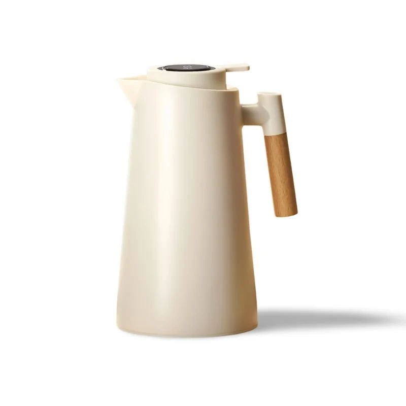 Thermoskan met Temperatuurweergave en Houten Handvat 1L Dubbelwandig Glas Koffiekan Theekan Isolerend Vacuum | Sansoti
