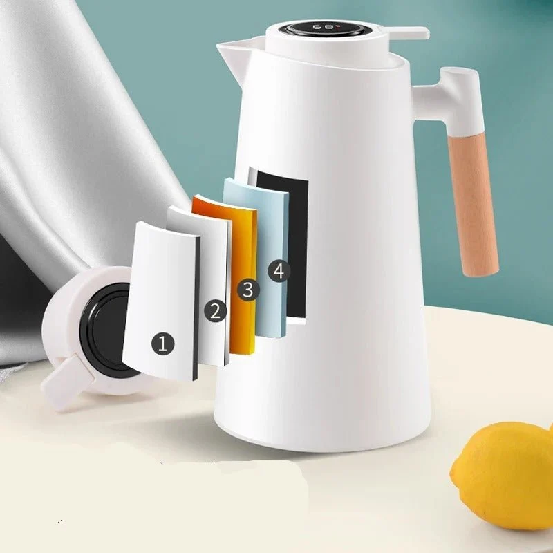 Thermoskan met Temperatuurweergave en Houten Handvat 1L Dubbelwandig Glas Koffiekan Theekan Isolerend Vacuum | Sansoti