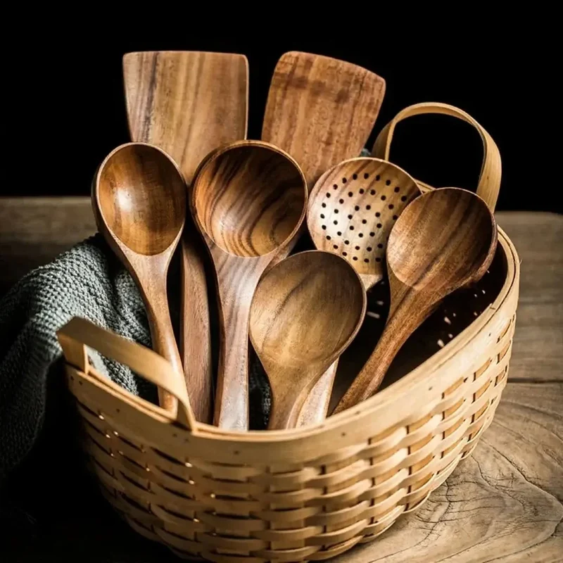 Teakhouten Keukengerei Set 4 tot 10-delig Duurzaam Antiaanbak Handgemaakt Hout Koken Spatel Lepel Serveren | Sansoti