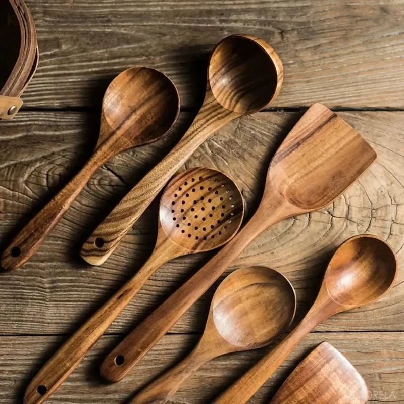 Teakhouten Keukengerei Set 4 tot 10-delig Duurzaam Antiaanbak Handgemaakt Hout Koken Spatel Lepel Serveren | Sansoti