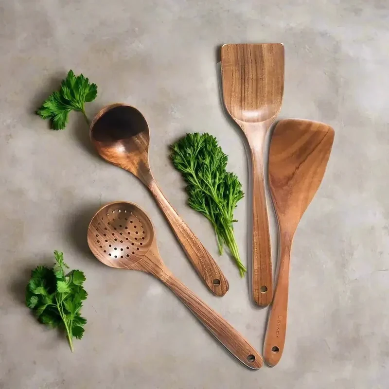 Teakhouten Keukengerei Set 4 tot 10-delig Duurzaam Antiaanbak Handgemaakt Hout Koken Spatel Lepel Serveren | Sansoti