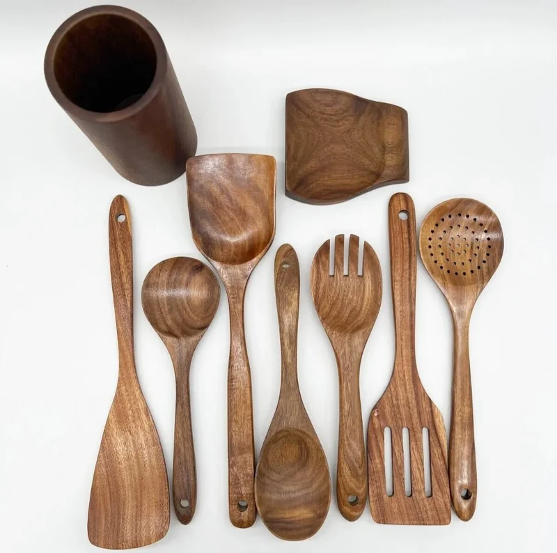 Teakhouten Keukengerei Set 4 tot 10-delig Duurzaam Antiaanbak Handgemaakt Hout Koken Spatel Lepel Serveren | Sansoti