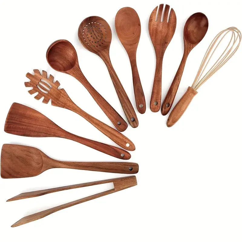 Teakhouten Keukengerei Set 4 tot 10-delig Duurzaam Antiaanbak Handgemaakt Hout Koken Spatel Lepel Serveren | Sansoti