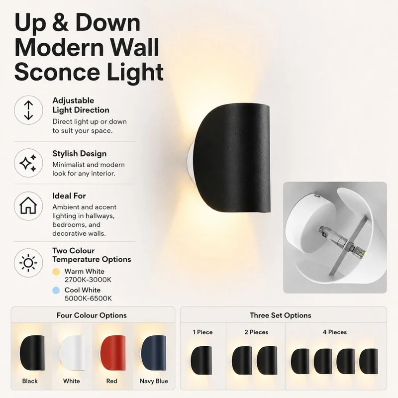 Aluminium Wandlamp Draaibaar Boven Beneden LED G4 Fitting Zwart Wit Rood Navy Moderne Wandverlichting | Sansoti