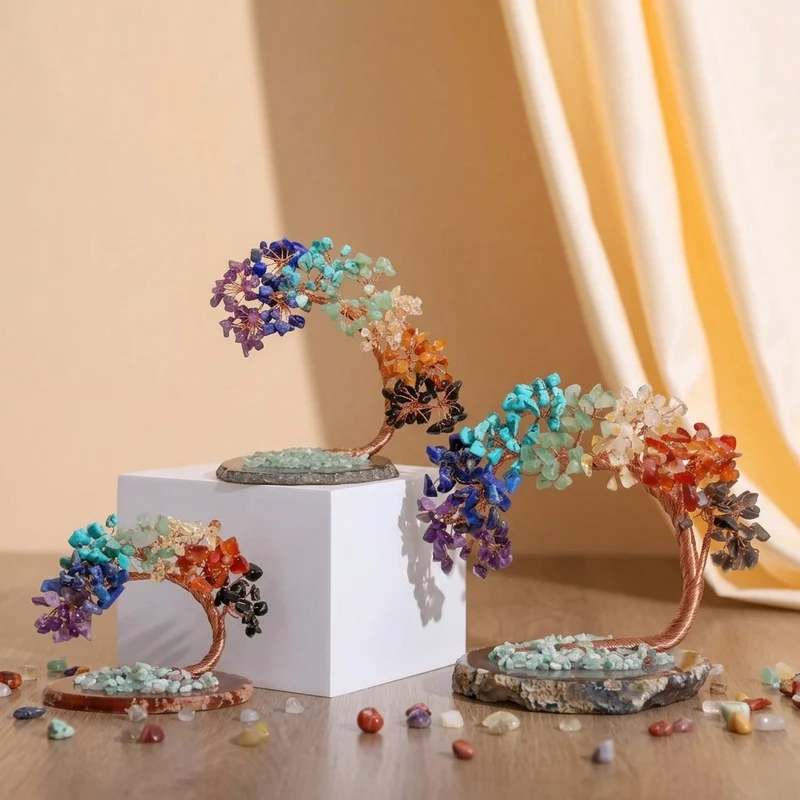 Decoratief Levensboom Ornament met Edelsteen Bladeren Koperkleurig Draad Sierlijke Agaatbasis Woonkamer | Sansoti
