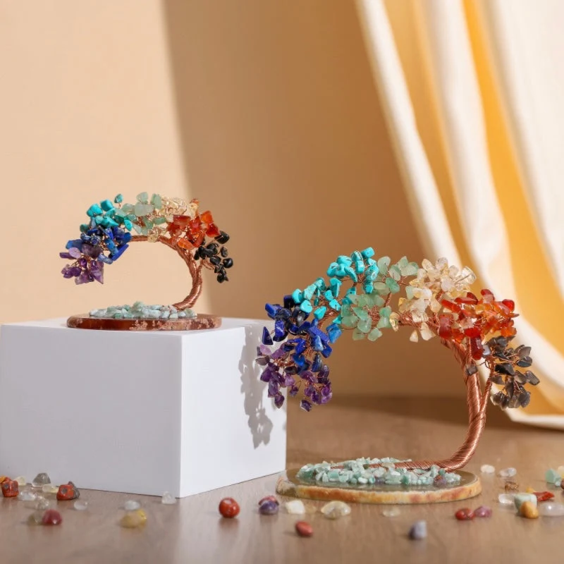 Decoratief Levensboom Ornament met Edelsteen Bladeren Koperkleurig Draad Sierlijke Agaatbasis Woonkamer | Sansoti